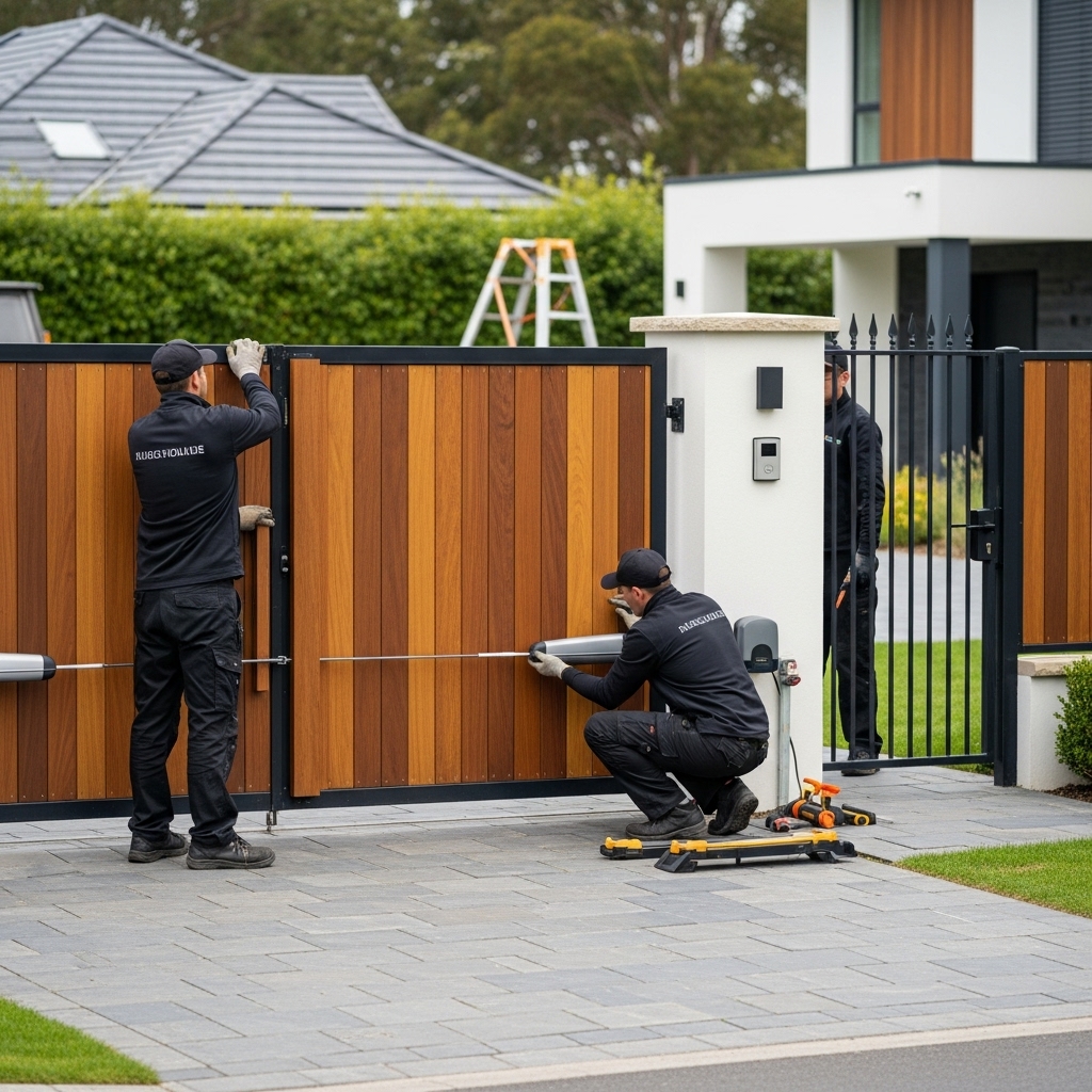 “Professional crew installing a custom wood and wrought iron gate at a residential property, showing attention to detail, security features, and high-quality craftsmanship.”