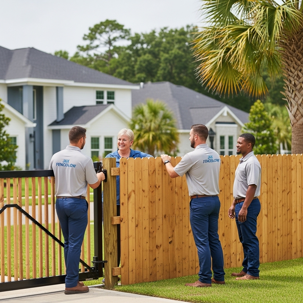 “Jax Fenceflow crew assisting a Jacksonville homeowner with a wooden fence and gate, showing professional service, smooth operation, and friendly interaction in a sunny suburban yard.”