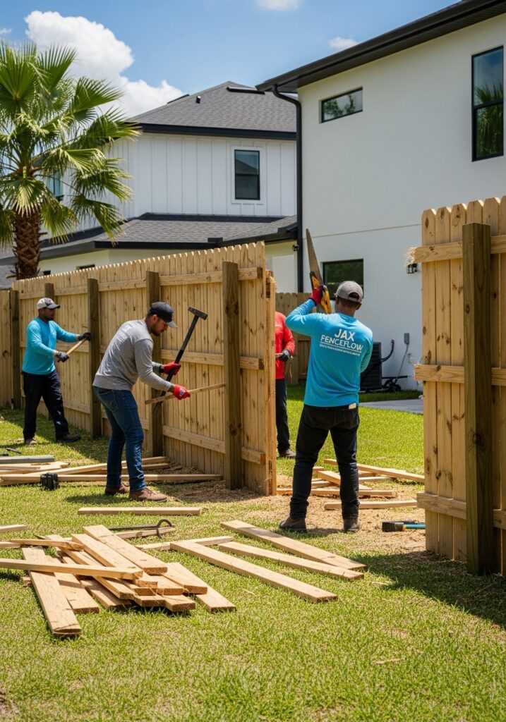 “Jax Fenceflow crew carefully removing a wooden fence in a sunny Jacksonville backyard, with part of the fence dismantled and wood neatly stacked, showing professional and safe work.”
