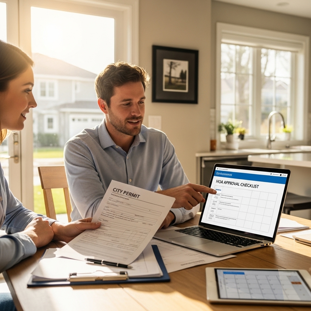 “Homeowner and project coordinator reviewing permit paperwork and HOA approval documents at a kitchen table, with plans and scheduling tools visible for a smooth fence project planning process.”