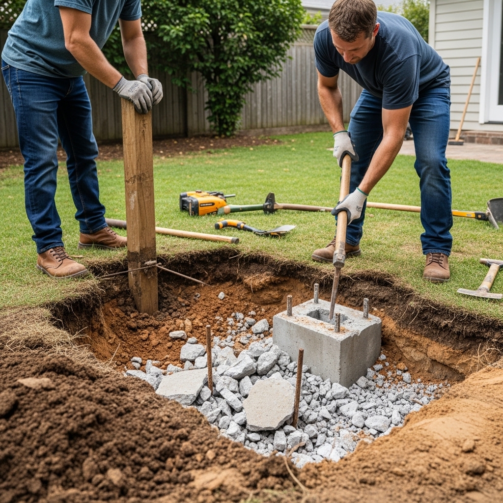 “Workers removing old fence posts and breaking up concrete footings in a backyard, showing exposed hardware and a clean, prepared area for the next project.”