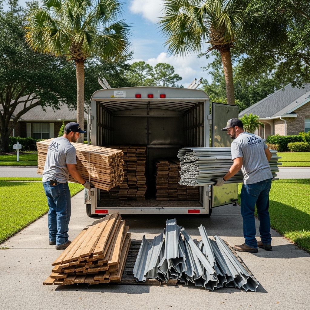 “Jax Fenceflow crew members loading sorted wood, vinyl, and metal fence debris into a trailer for eco-friendly recycling in a clean Jacksonville backyard.”