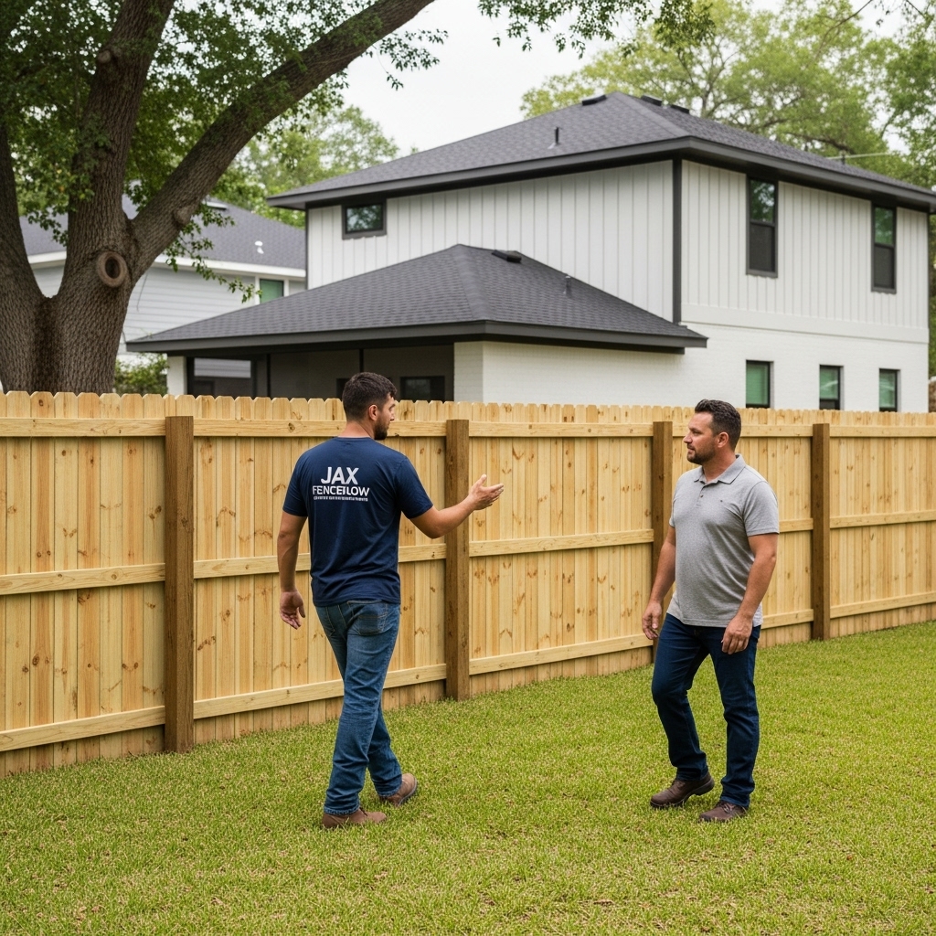 “Jax Fenceflow crew member and homeowner walking through a freshly completed backyard, inspecting a newly stained wooden fence and well-kept yard during a final walkthrough.”