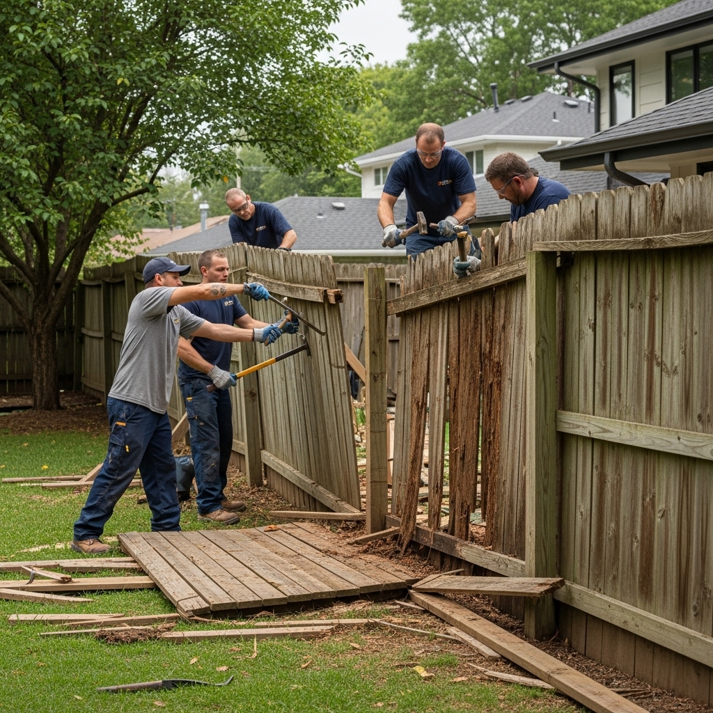 “Professional crew carefully removing an old wooden fence with rotting boards in a suburban backyard, using tools and wearing safety gear.”