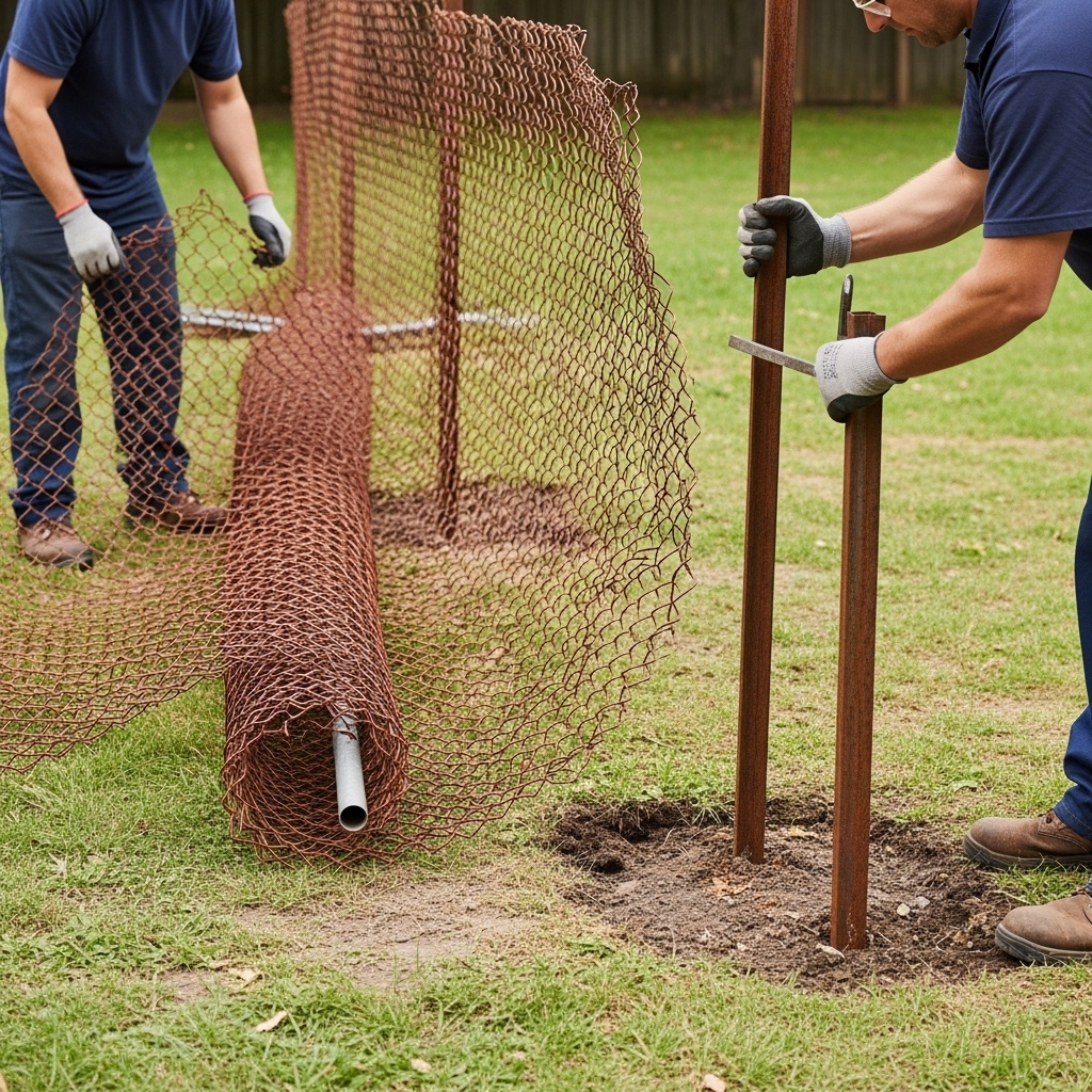 “Two professional workers removing a rusty, bent chain link fence and posts in a suburban backyard, showing safe and efficient fence removal with realistic details.”