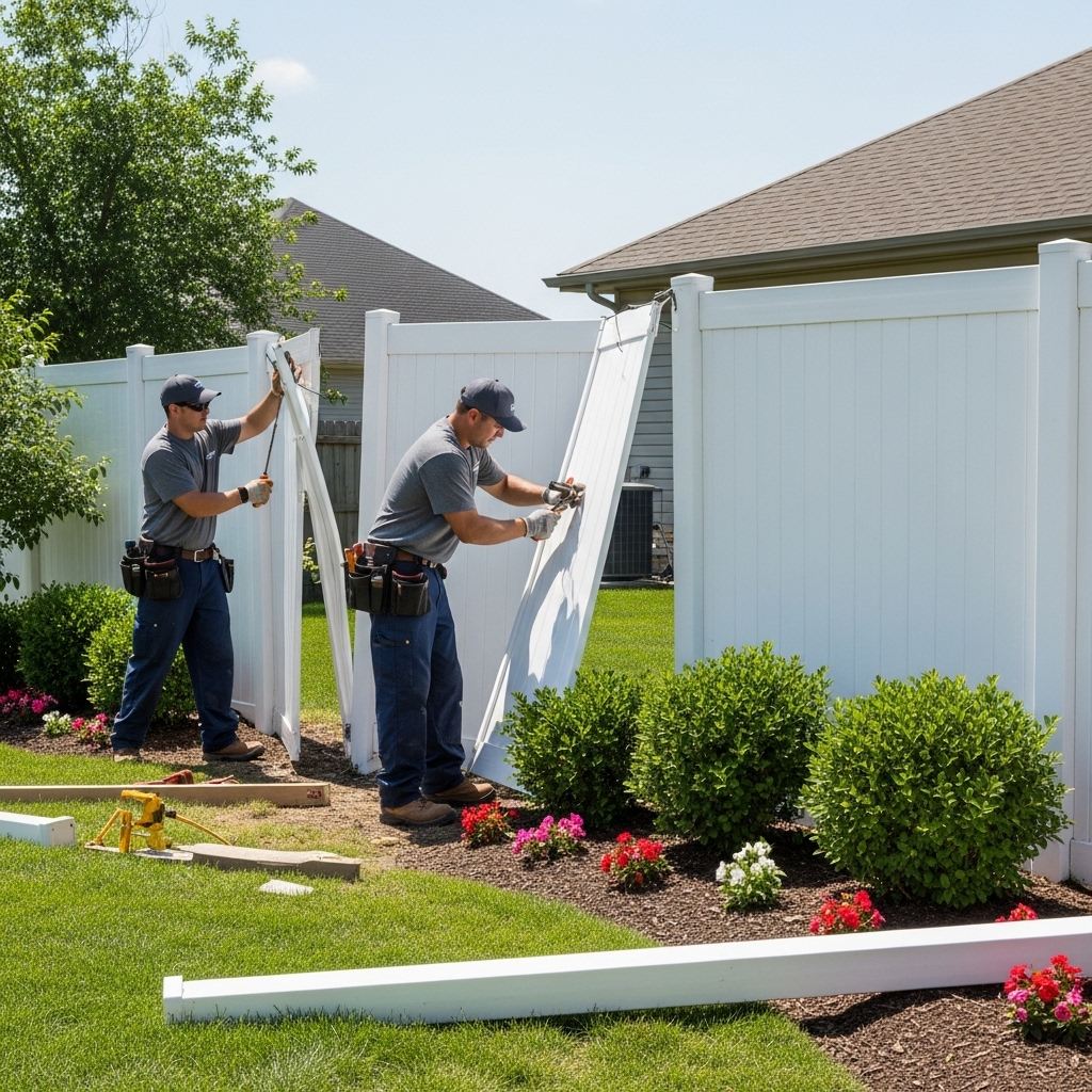 “Two professional crew members from Jax Fenceflow carefully removing broken vinyl fence panels and posts in a backyard, protecting the grass, plants, and landscaping.”
