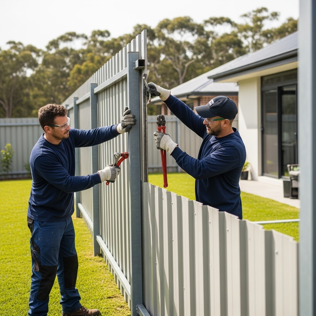 “Two professional workers safely removing a steel or aluminum fence in a suburban backyard, showing part of the fence dismantled with proper tools and protective gear.”