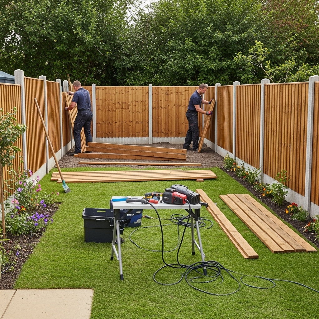 “Two professional workers clearing space and removing old garden and backyard fence panels in a well-kept yard, preparing to replace the perimeter fence.”