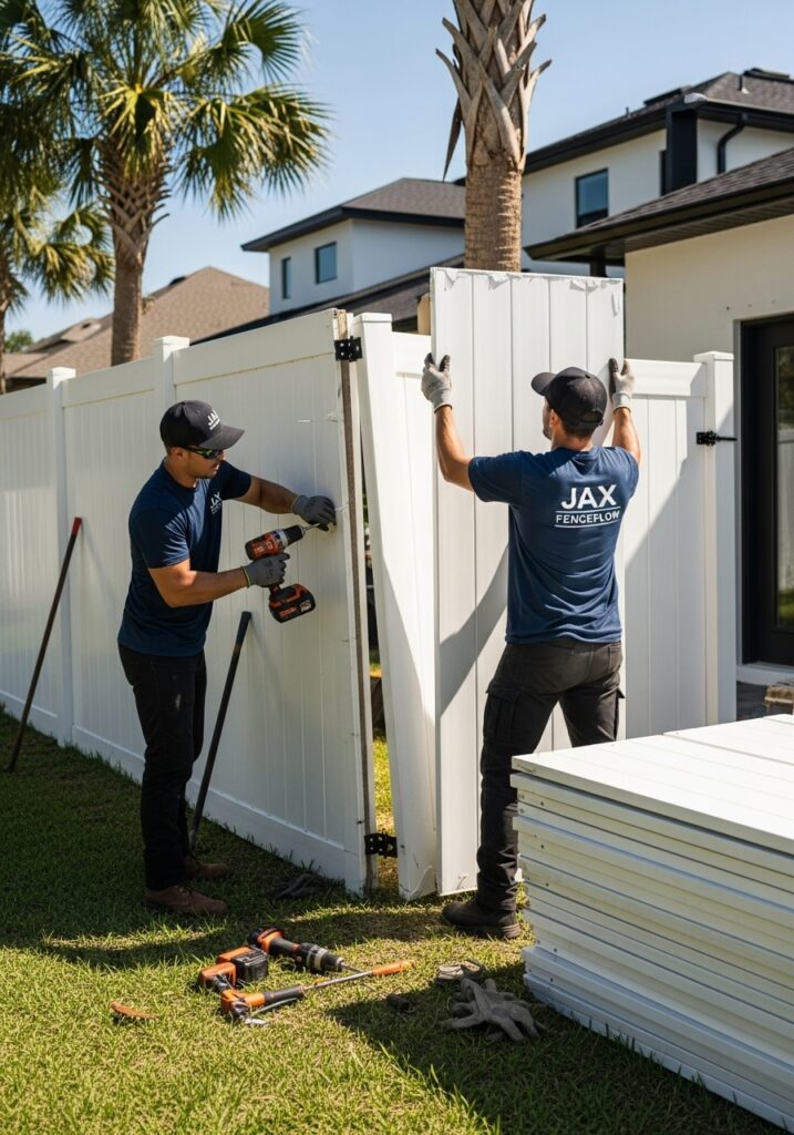 “Two Jax Fenceflow crew members removing a white vinyl fence in a sunny Jacksonville backyard, showing partially removed panels, professional tools, and organized, safe work.”
