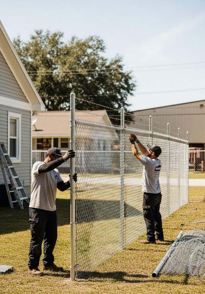 “Professional installers installing a strong, durable security fence in Jacksonville, Florida, using steel and chain link materials, protecting residential, commercial, and industrial properties.”