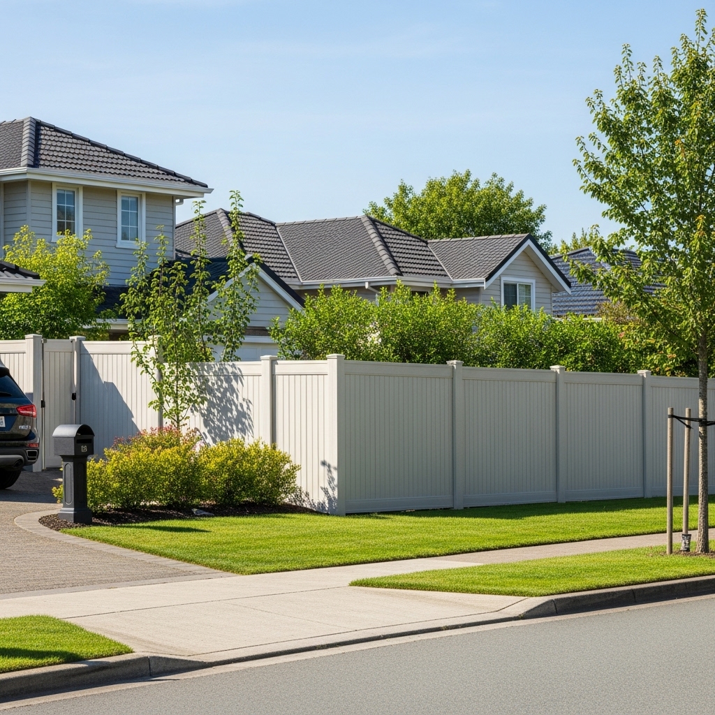 “Sturdy residential security fence installed around a suburban home, showing a well-maintained yard and durable, modern fencing for safety and protection.”