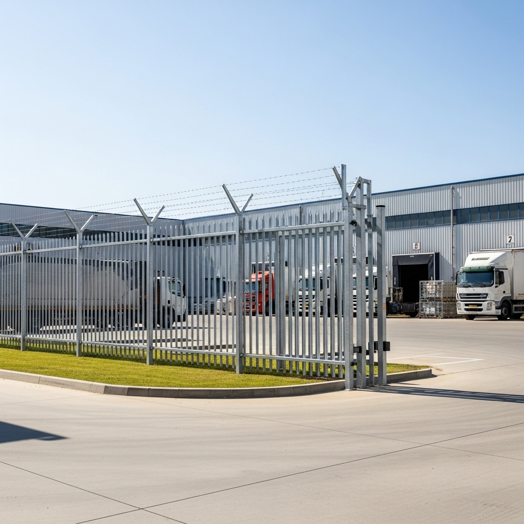 “Sturdy metal commercial and industrial security fence with barbed wire surrounding a modern industrial facility, highlighting strong protection and professional construction.”