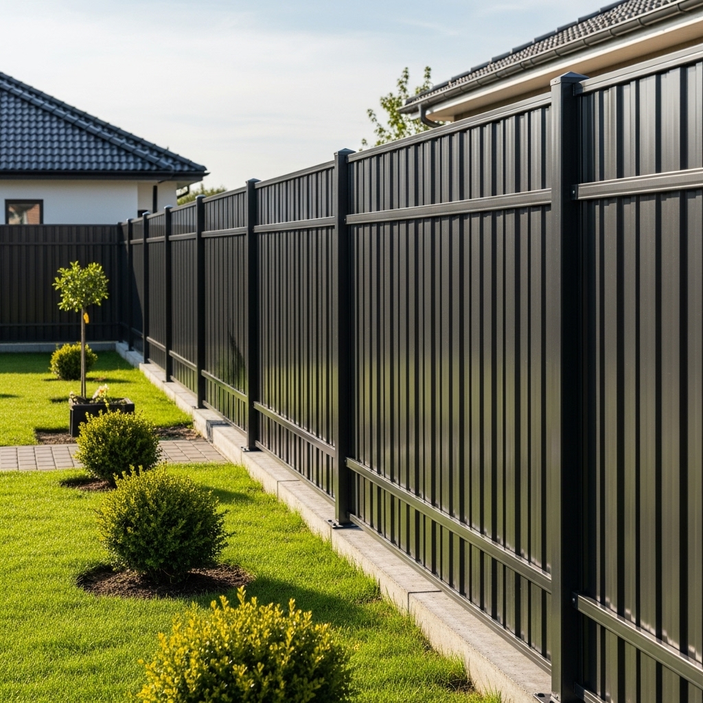 “A sleek, modern metal and steel fence installed in a suburban backyard, showing clean lines, durable construction, and a well-maintained lawn with a house in the background.”