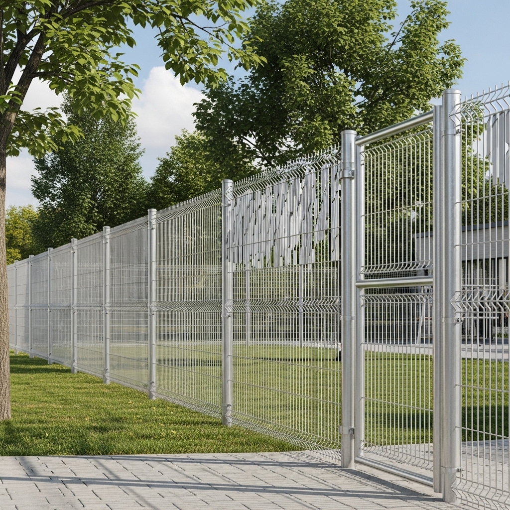 “A realistic chain link fence around a yard, school, or sports field, showing rust-proof metal, optional privacy slats, and anti-climb features in a sunny outdoor setting.”