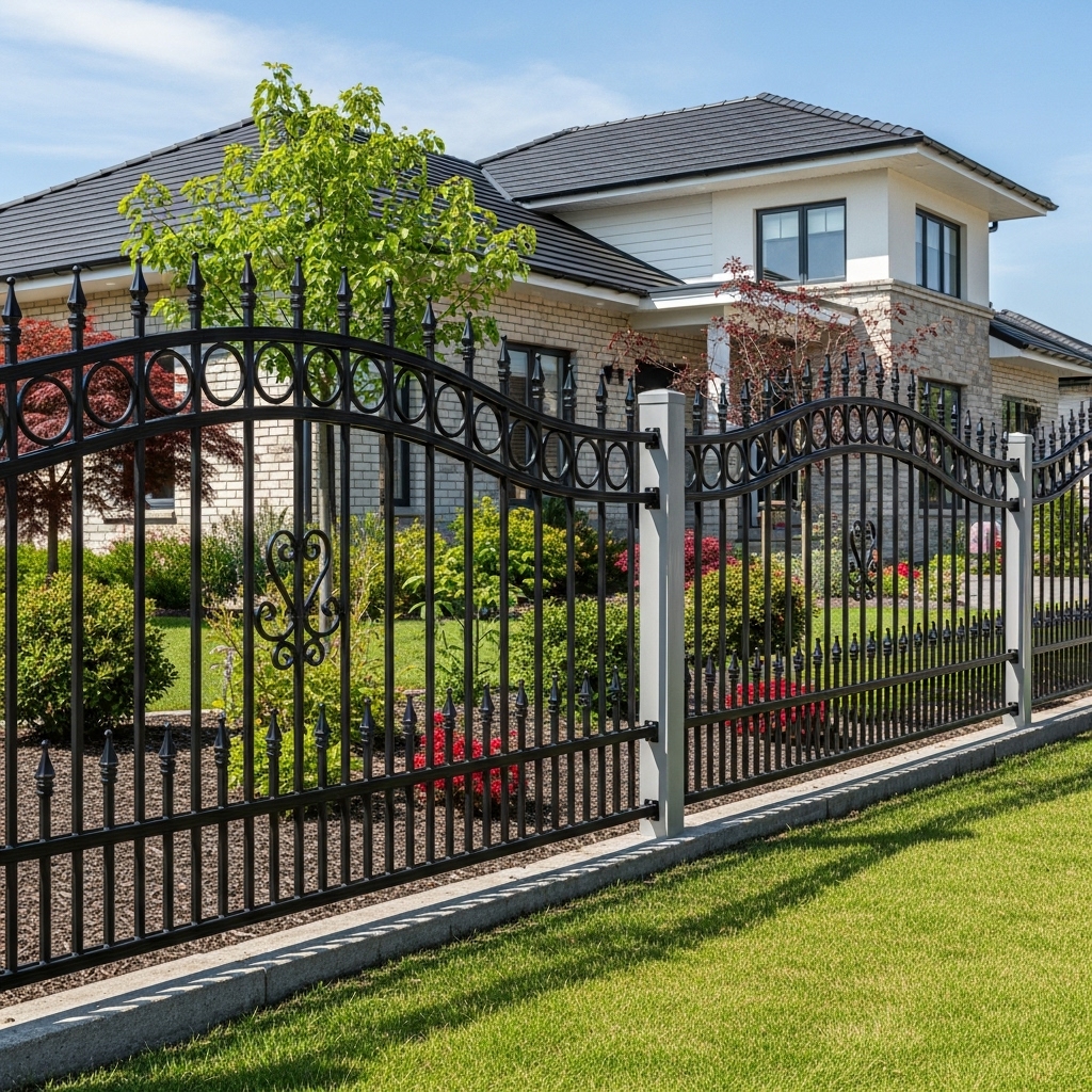 “Stylish aluminum and wrought iron fence around a modern home, showing durability, security, and elegant design in a sunny, well-kept yard.