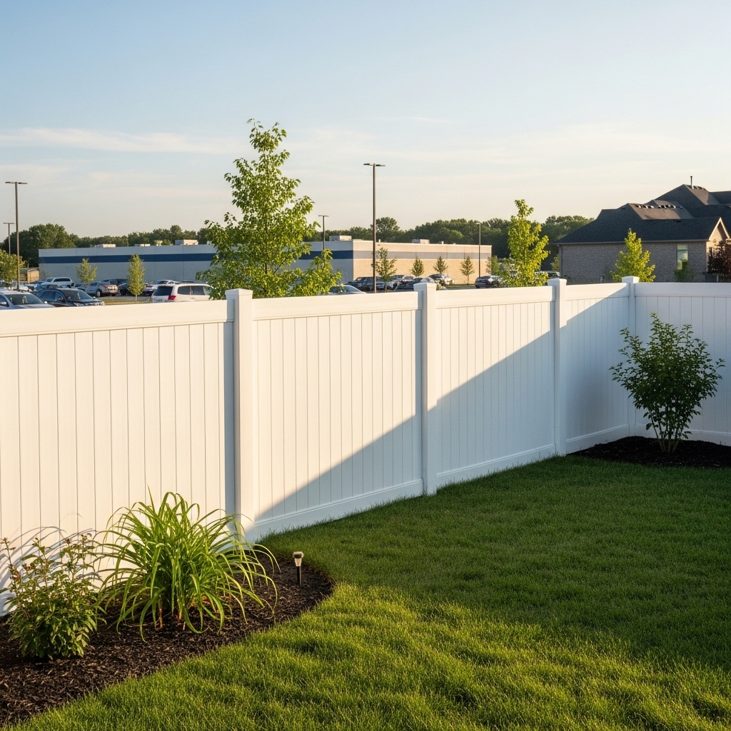 “Modern backyard with a clean white vinyl and composite fence, showing durability, low maintenance, privacy, and suitability for residential and commercial spaces.”