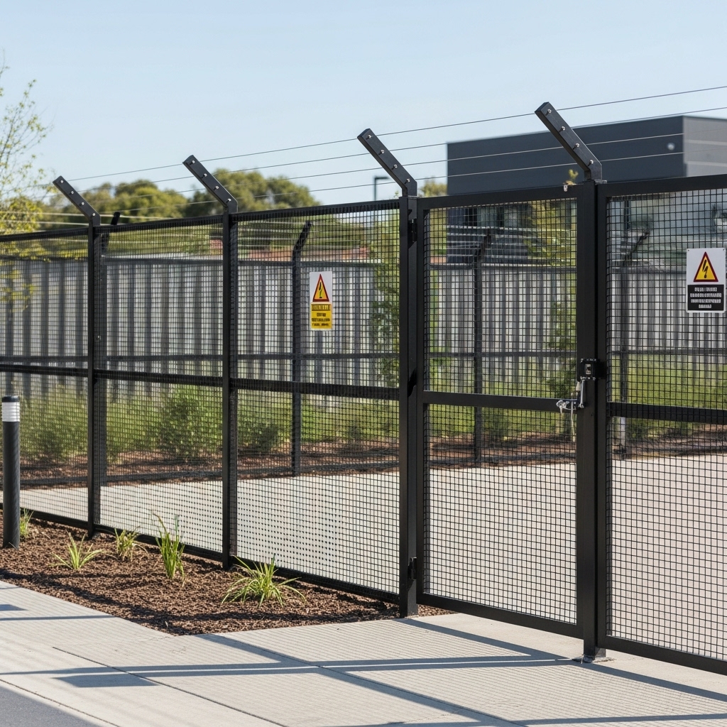 “High-security property protected by custom-built electric and anti-climb mesh fencing, showing tamper-resistant features and professional installation in a realistic setting.”