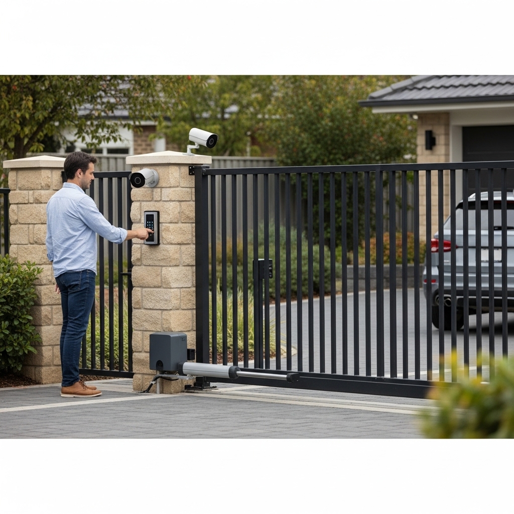 “Resident using a keypad to open an automated gate at a suburban home, with security cameras monitoring the entrance for full access control and peace of mind.”
