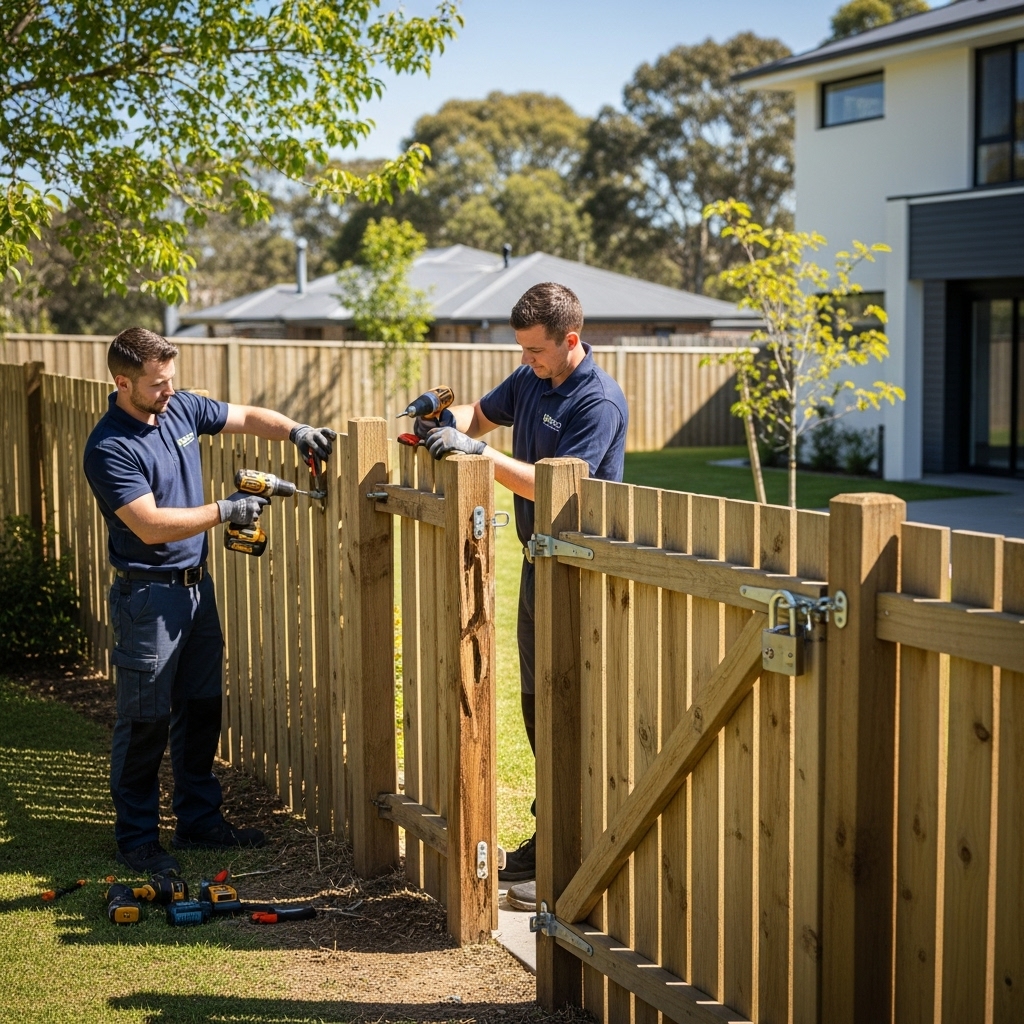 “Two professional workers performing emergency fence repairs in a residential backyard, fixing panels, gates, and locks to ensure a strong and reliable fence.”