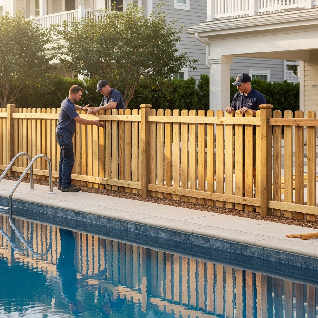 “Two installers setting up a natural wood pool fence near a clean, sunlit pool, showing child-safe design, warm wood texture, and professional craftsmanship suitable for homes or resorts.”
