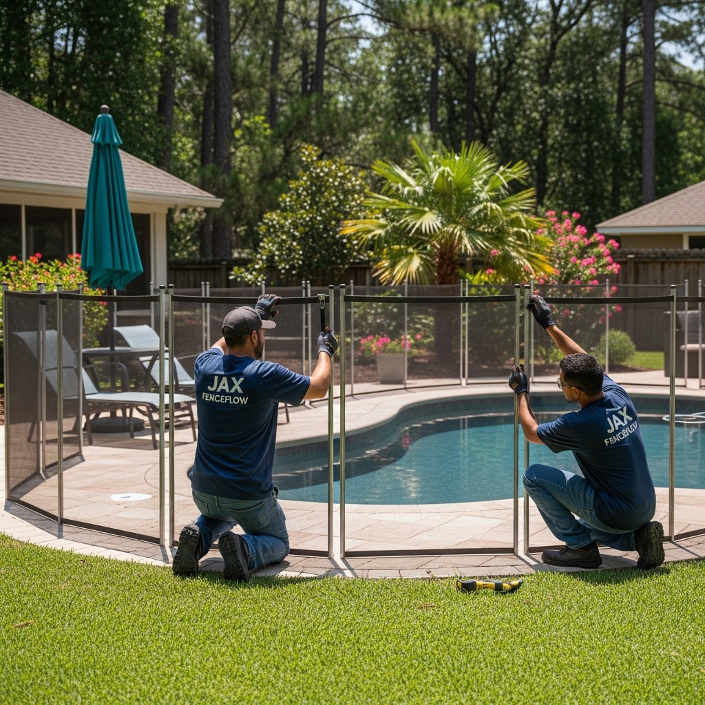 “Two Jax Fenceflow crew members in uniforms installing a flexible mesh pool fence around a residential backyard pool, highlighting safety, adjustability, and professional workmanship in a sunny, landscaped setting.”