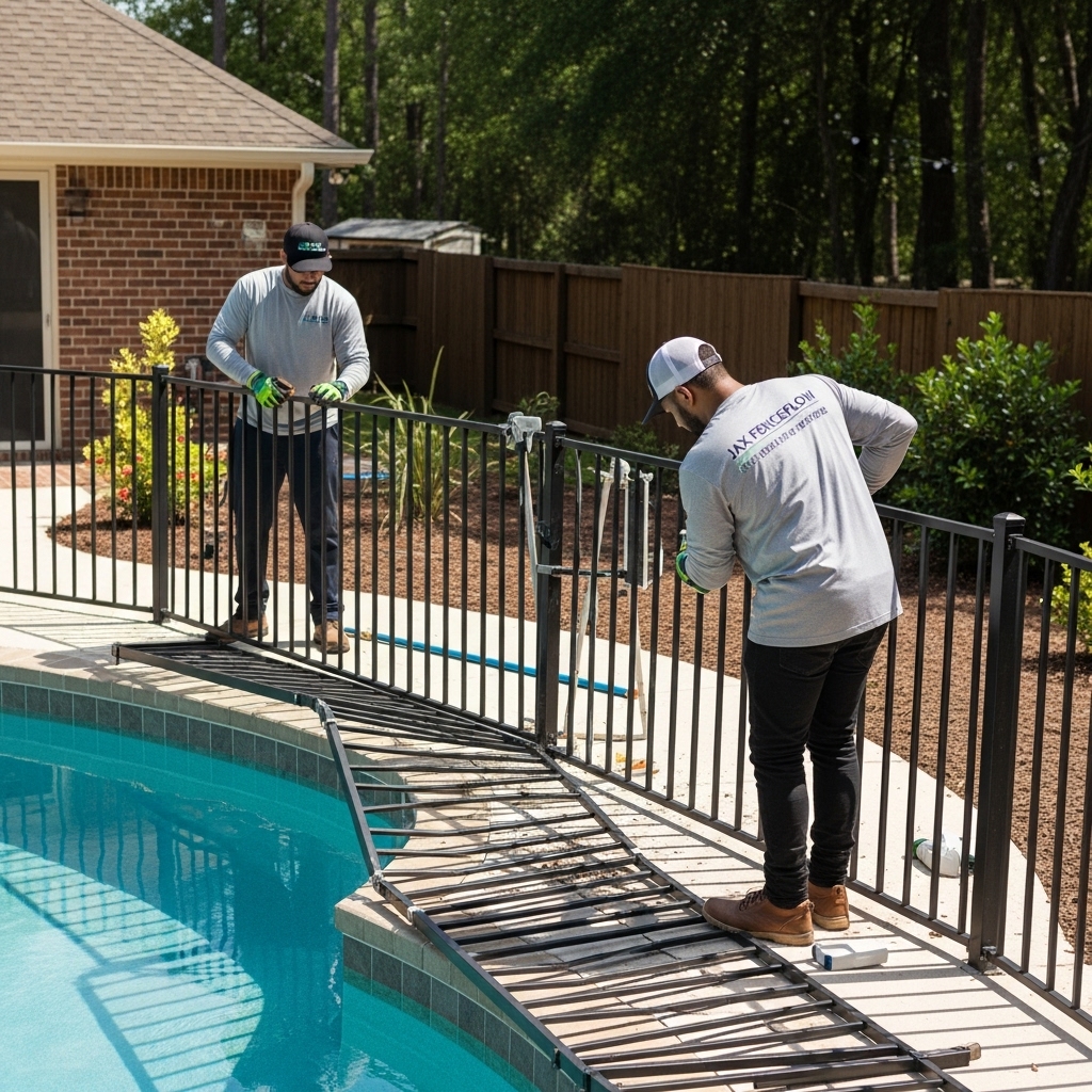 “Two Jax Fenceflow crew members in uniforms repairing and replacing a residential pool fence, showing damaged sections and new panels with professional tools in a sunny backyard pool area.”