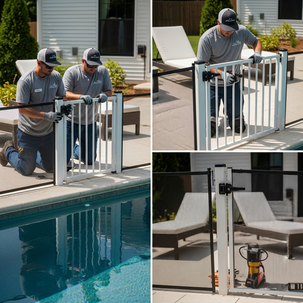 “Two Jax Fenceflow crew members in uniforms installing a child- and pet-safe self-closing pool gate at a residential backyard pool, showing professional tools, precise workmanship, and a secure, landscaped setting.”