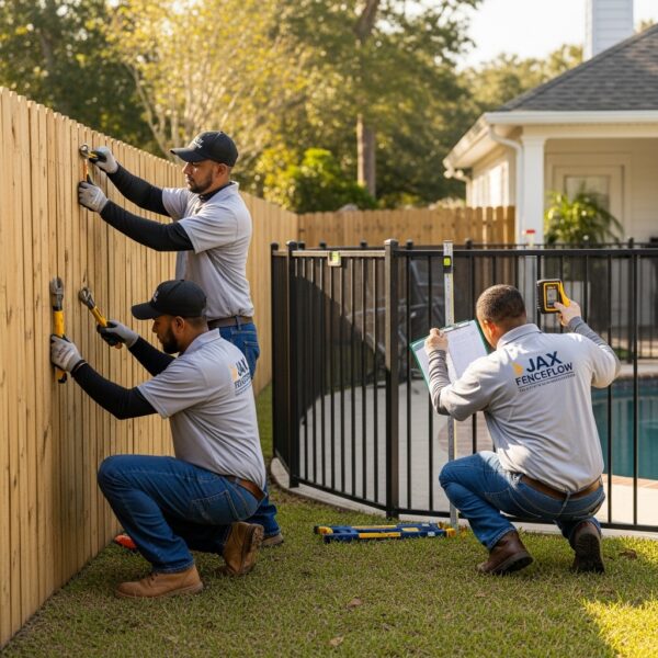 “Two Jax Fenceflow crew members in uniforms inspecting and maintaining a residential fence, checking for loose panels and rust, and ensuring the pool fence meets Jacksonville safety regulations in a sunlit backyard.”