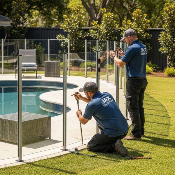 “Two Jax Fenceflow crew members in uniforms installing a custom pool fence in a backyard, showing a secure, stylish design around the pool with professional craftsmanship and landscaped surroundings.”