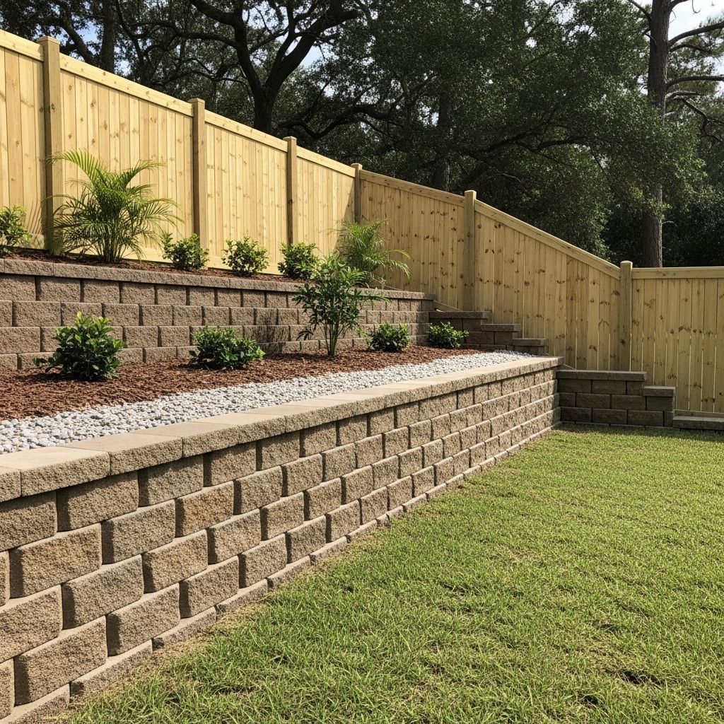 “Jacksonville backyard featuring a durable retaining wall and fence combination, showing strong erosion control, clean grading, and long-lasting construction that keeps the yard level and protected.”