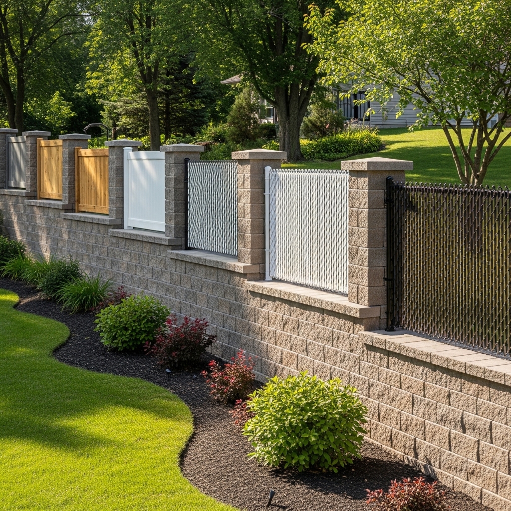 “Retaining wall with multiple fence styles—including wood, vinyl, aluminum, chain link, decorative, and privacy fencing—showing how each integrates cleanly on top of the wall for added security, privacy, and curb appeal.”