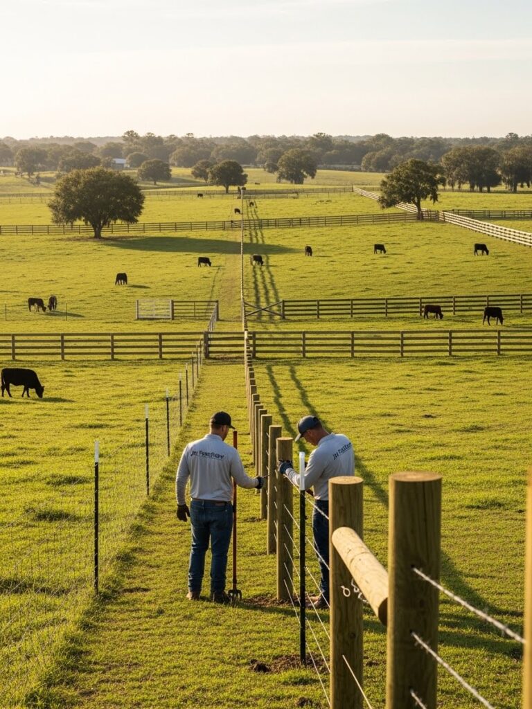 “Wide Jacksonville pasture with multiple fence types installed by Jax Fenceflow—wood, wire, vinyl, electric, and barbed wire—shown with grazing livestock and two crew members inspecting the fence line in a sunlit, well-managed landscape.”