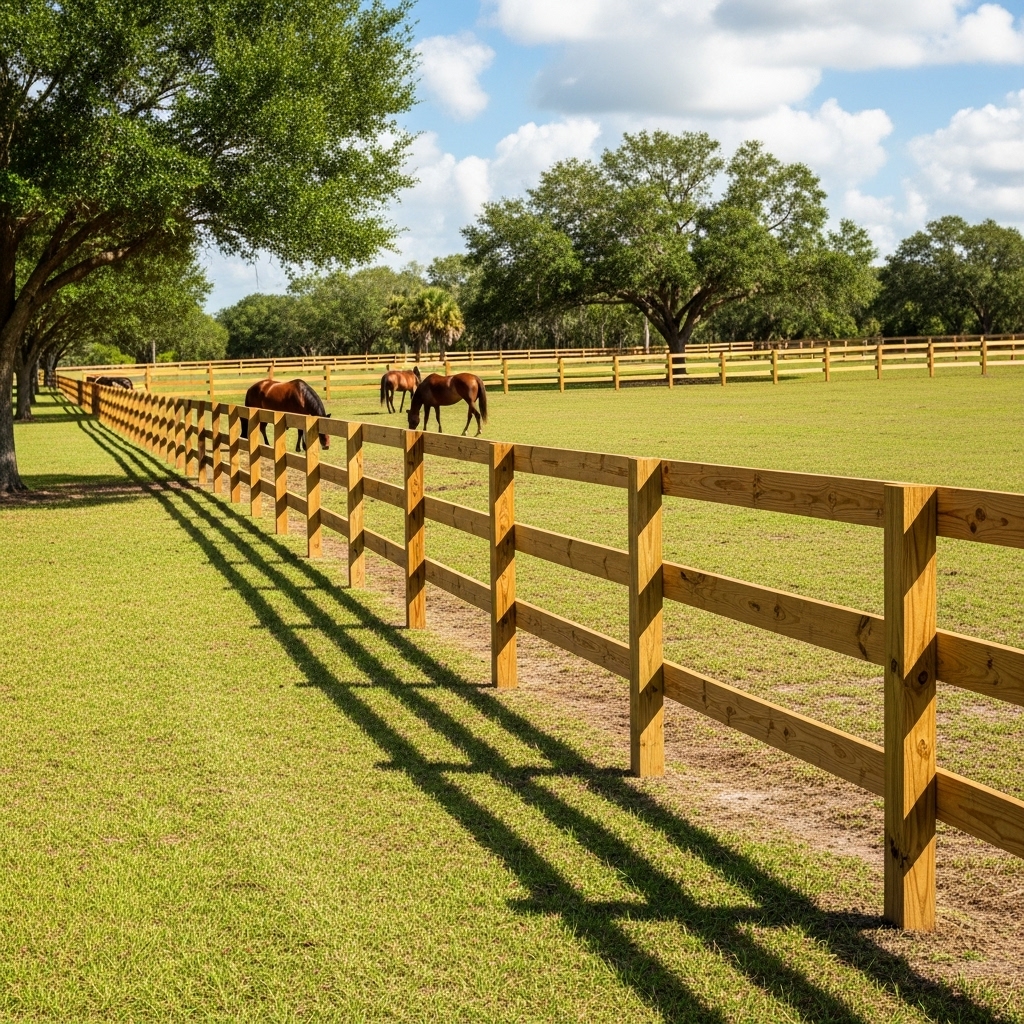 “Wide pasture with newly installed treated wooden fencing, lush grass, and horses grazing safely nearby, showing a clean, organized, and durable farm fence design.”