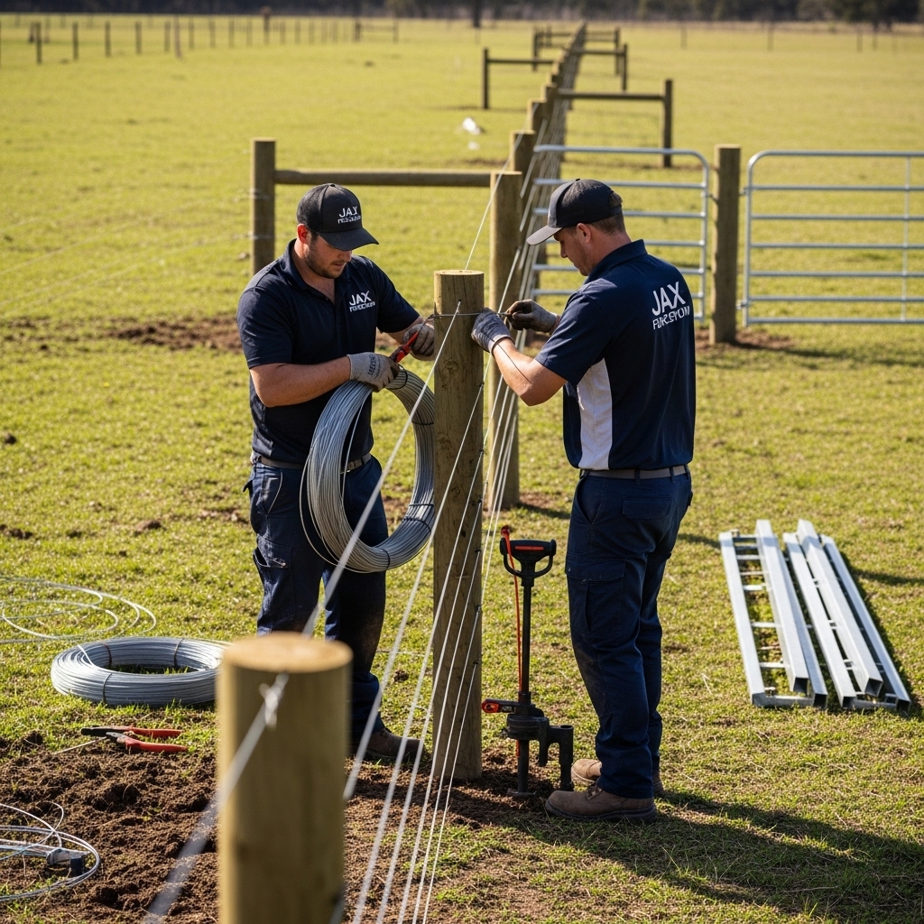 “Two Jax Fenceflow crew members installing wire fencing on a rural property, securing tight wire to sturdy posts with professional tools, with open land and a partially completed fence line in the background.”