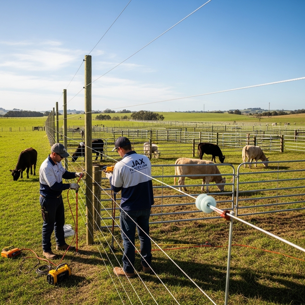 “Jax Fenceflow crew members installing an electric fence on open farmland for rotational grazing, with livestock in nearby paddocks and professional tools ensuring safe, well-tensioned fence lines.”