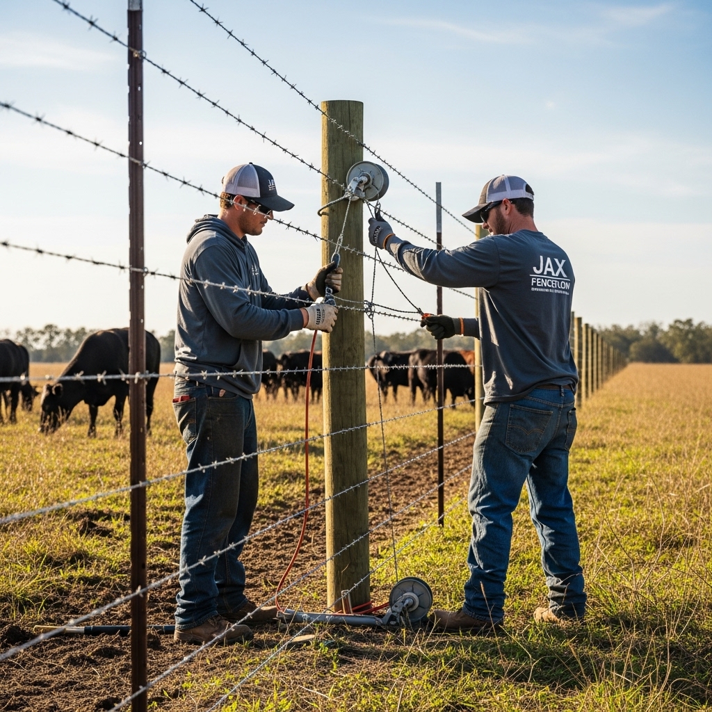 “Two Jax Fenceflow crew members installing barbed wire fencing on a Florida cattle property, stretching wire tightly between sturdy posts with cattle grazing in the background.”