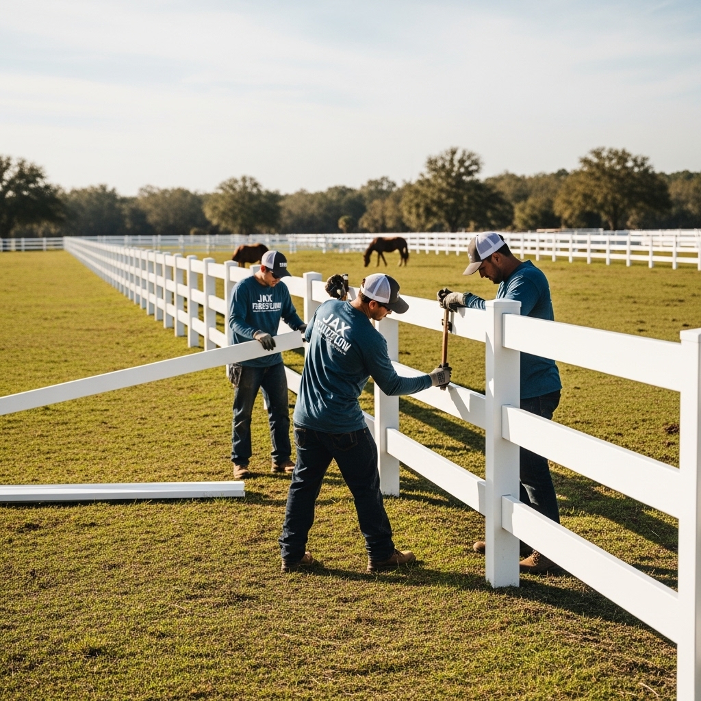 “Jax Fenceflow crew members installing white vinyl fencing on a Jacksonville farm, with livestock in the background and the clean, durable vinyl panels highlighted in natural sunlight.”