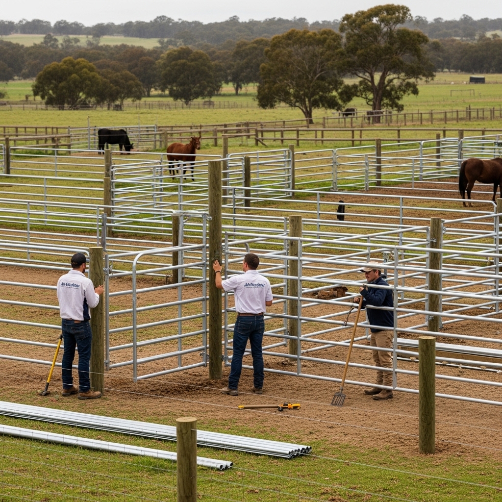 “Jax Fenceflow crew members installing livestock gates, panels, and corrals on a rural property, showing organized paddocks, livestock in the background, and professional farm improvement work.”