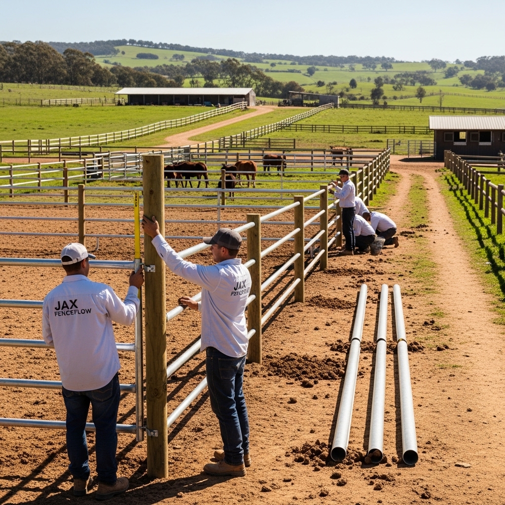 “Jax Fenceflow crew members installing ranch infrastructure, including paddocks, corrals, and boundary fences, on a large rural property with open fields and a barn in the background, showing professional craftsmanship and durable materials.”