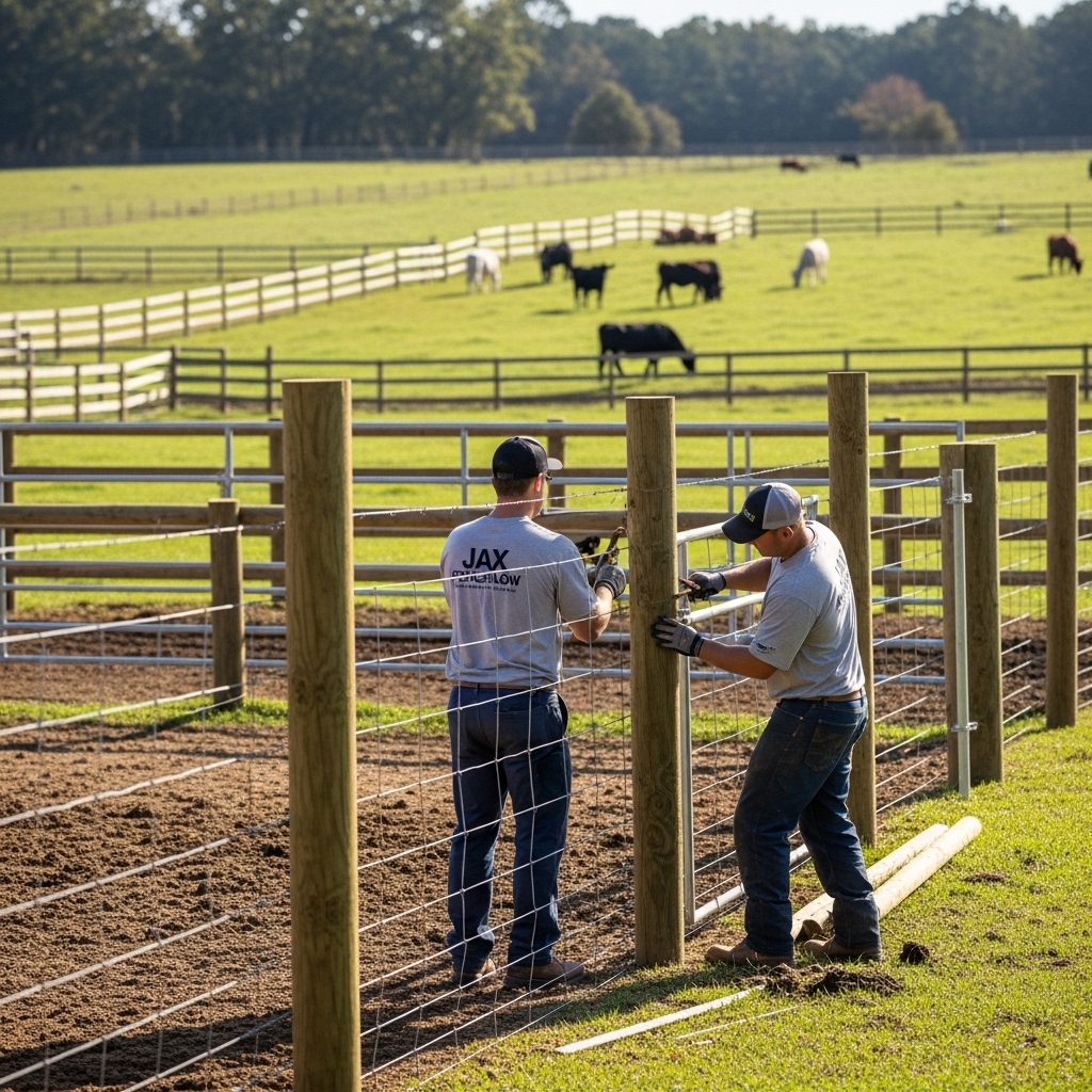 “Two Jax Fenceflow crew members in uniforms installing custom livestock fencing on a rural property, enclosing horse paddocks and cattle fields with professional precision and care.”