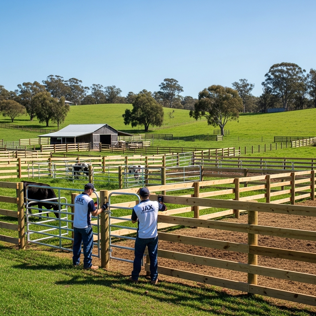 “Two Jax Fenceflow crew members in uniforms installing sturdy fencing around a small family farm pasture with livestock, showing safe enclosures and professional craftsmanship in a sunny, rural setting.”