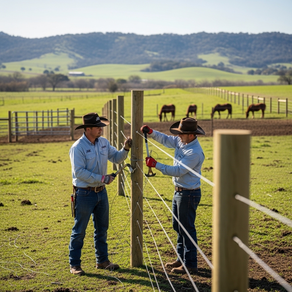 “Two Jax Fenceflow crew members in uniforms installing a strong boundary fence on a large ranch with green pastures, showing professional workmanship and secure paddocks for livestock.”