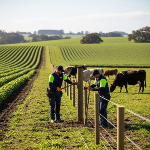 “Two Jax Fenceflow crew members in uniforms installing a fence on an agricultural property, separating livestock from crop fields, showing safe, durable, and professional fencing in a sunlit rural setting.”