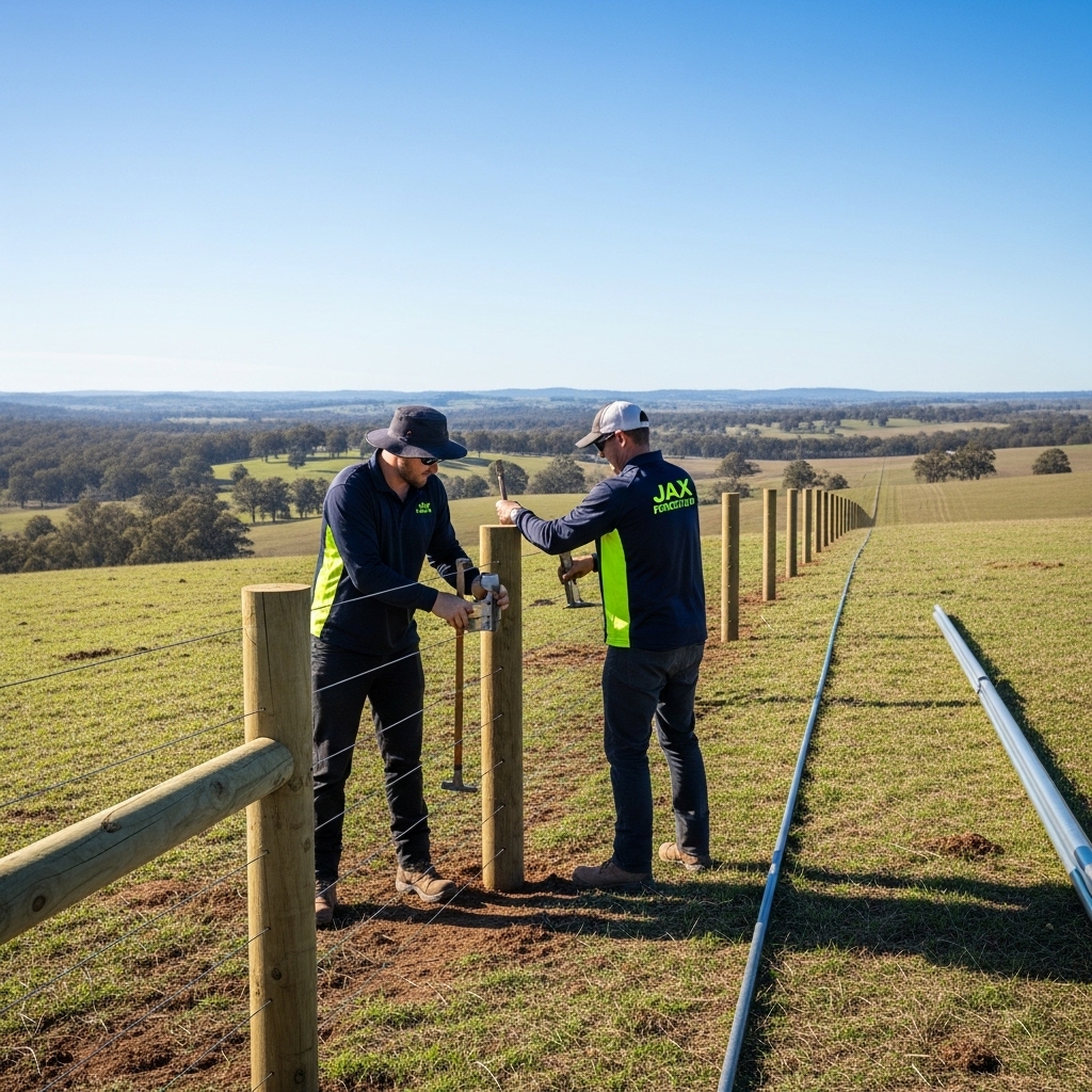 “Two Jax Fenceflow crew members in uniforms installing a sturdy boundary fence on rural land, with rolling fields and trees in the background, showing precise and professional workmanship.”
