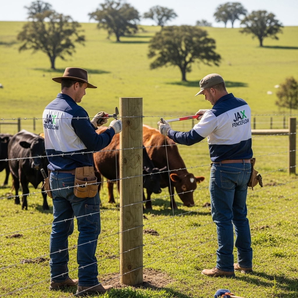 “Two Jax Fenceflow crew members in uniforms installing barbed wire, high-tensile, or electric fencing in a sunny pasture, safely containing a grazing herd of cattle with professional workmanship.”