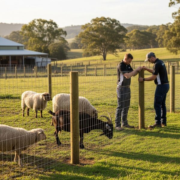 “Sheep and goats safely enclosed within a woven wire and mesh fence, with Jax Fenceflow crew members securing the panels in a sunny, farm-like setting.”