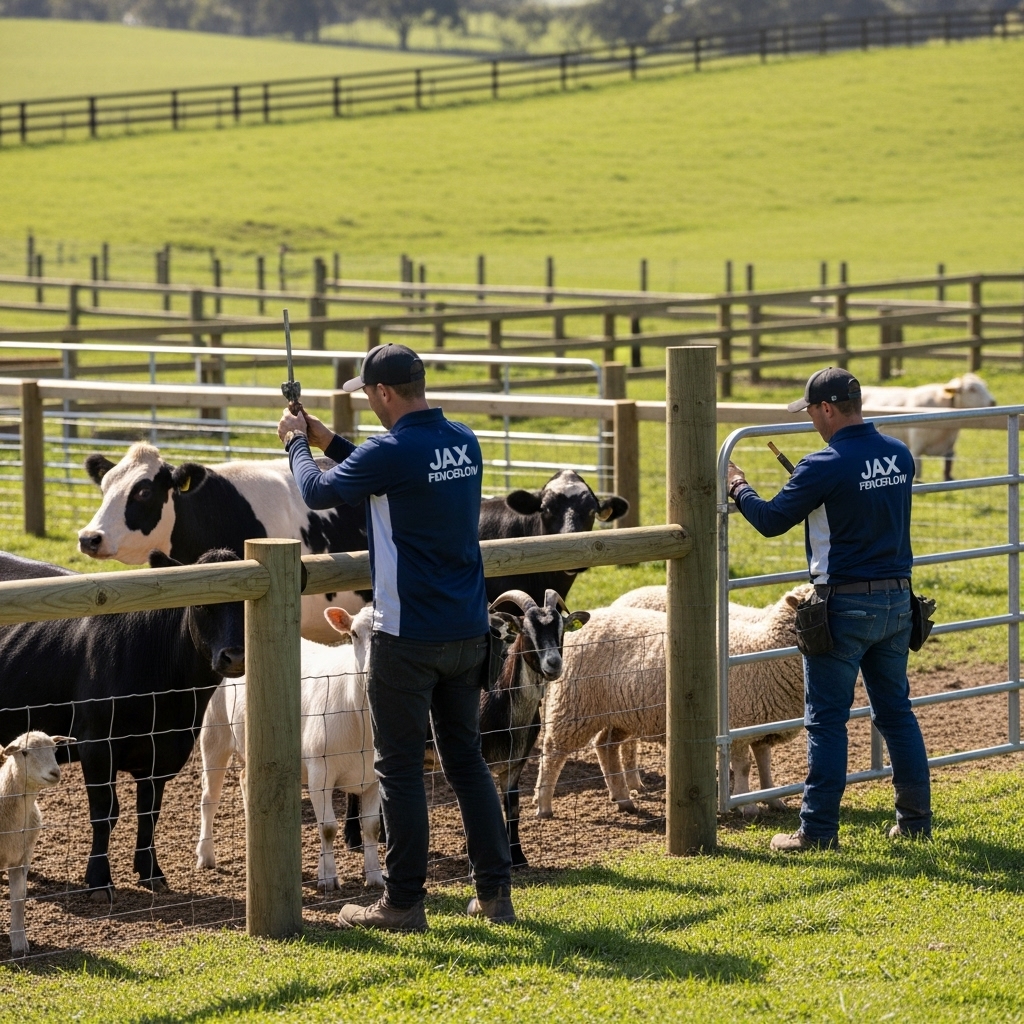 “Two Jax Fenceflow crew members in uniforms installing custom fencing on a rural farm, safely containing cows, goats, and sheep behind a durable wood and metal fence.”