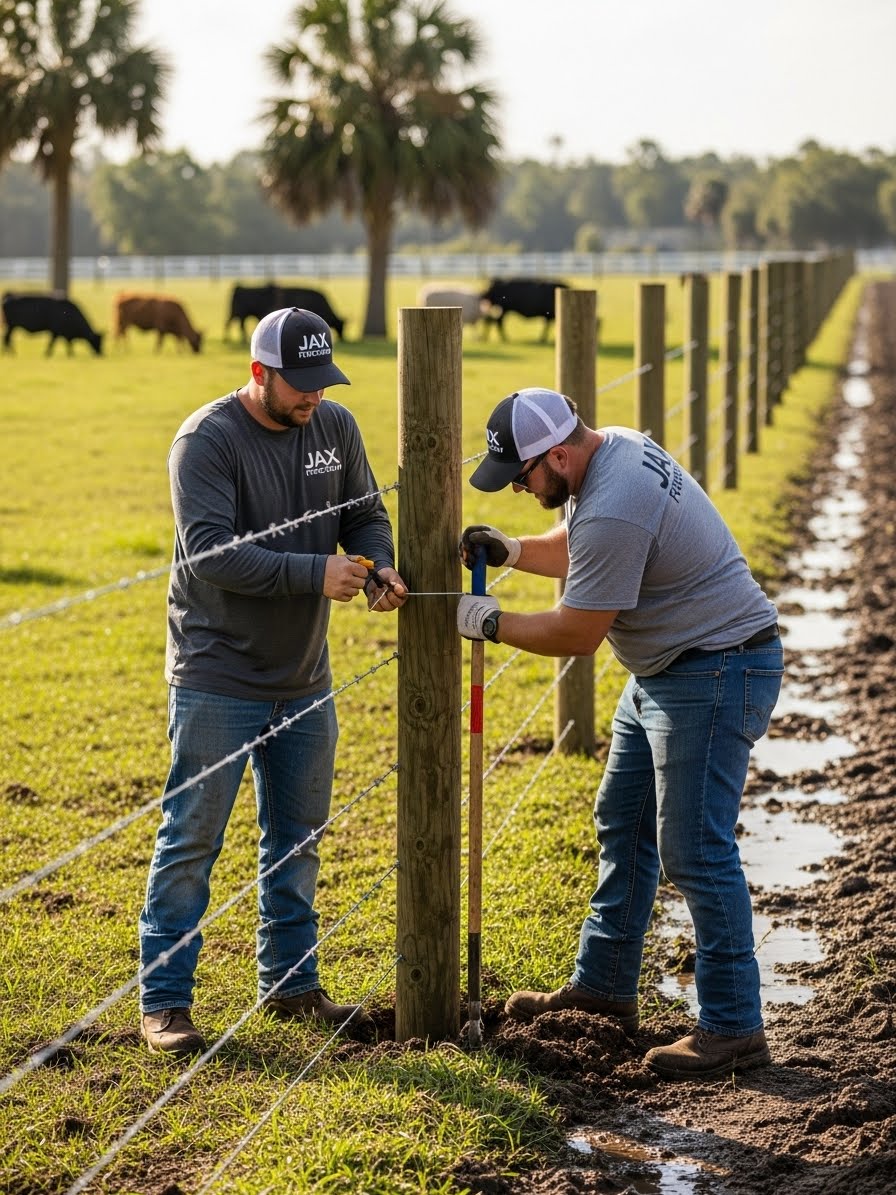 “Two Jax Fenceflow crew members in uniforms installing a durable fence on a Jacksonville farm, with treated posts and sturdy wire protecting livestock in a lush, storm-ready pasture.”