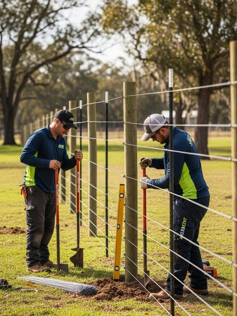 “Two Jax Fenceflow crew members in uniforms installing a field fence on a rural property, using professional tools with neatly aligned posts and taut wire, showcasing precise workmanship and reliability.”