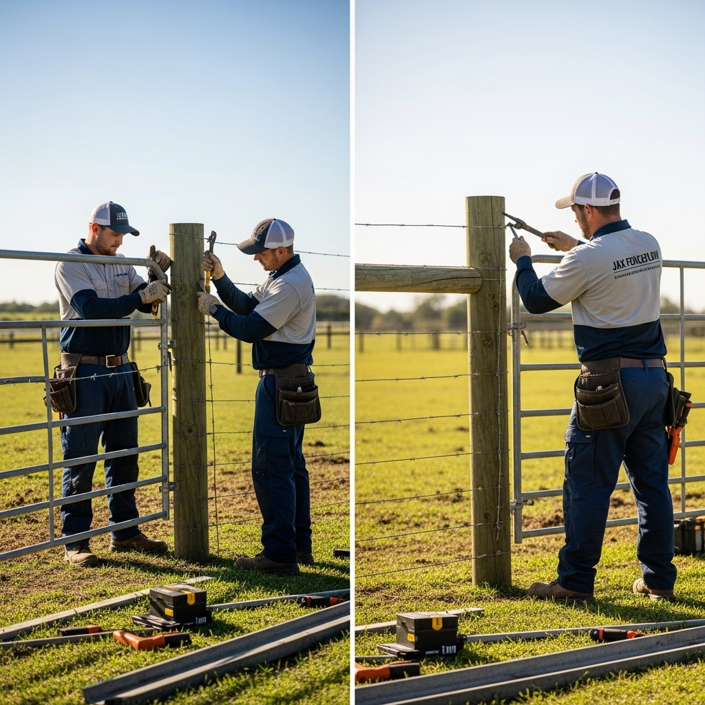 “Two Jax Fenceflow crew members in uniforms repairing a fence, fixing broken posts, torn wire, and loose panels, restoring strength and security to a residential or rural property.”